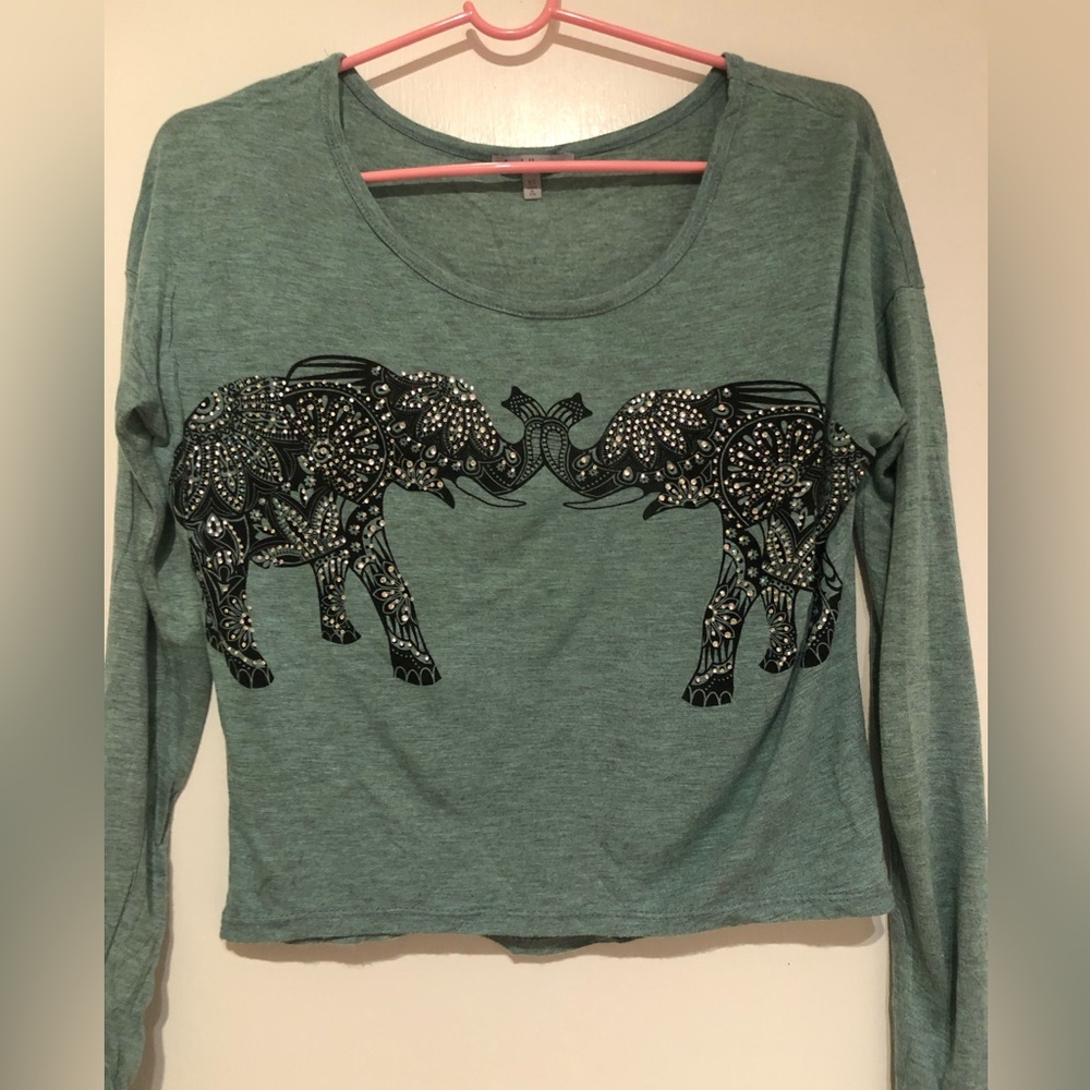 Charlotte Russe Cute Green Elephant Cropped long Sleeve